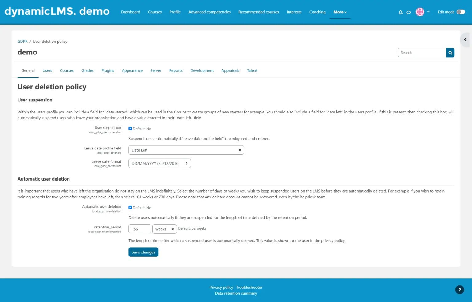 User deletion policy – Dynamic LMS userguide