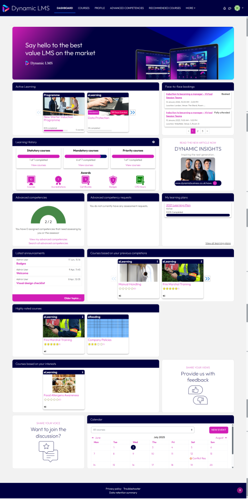 Changing the user dashboard – Dynamic LMS userguide
