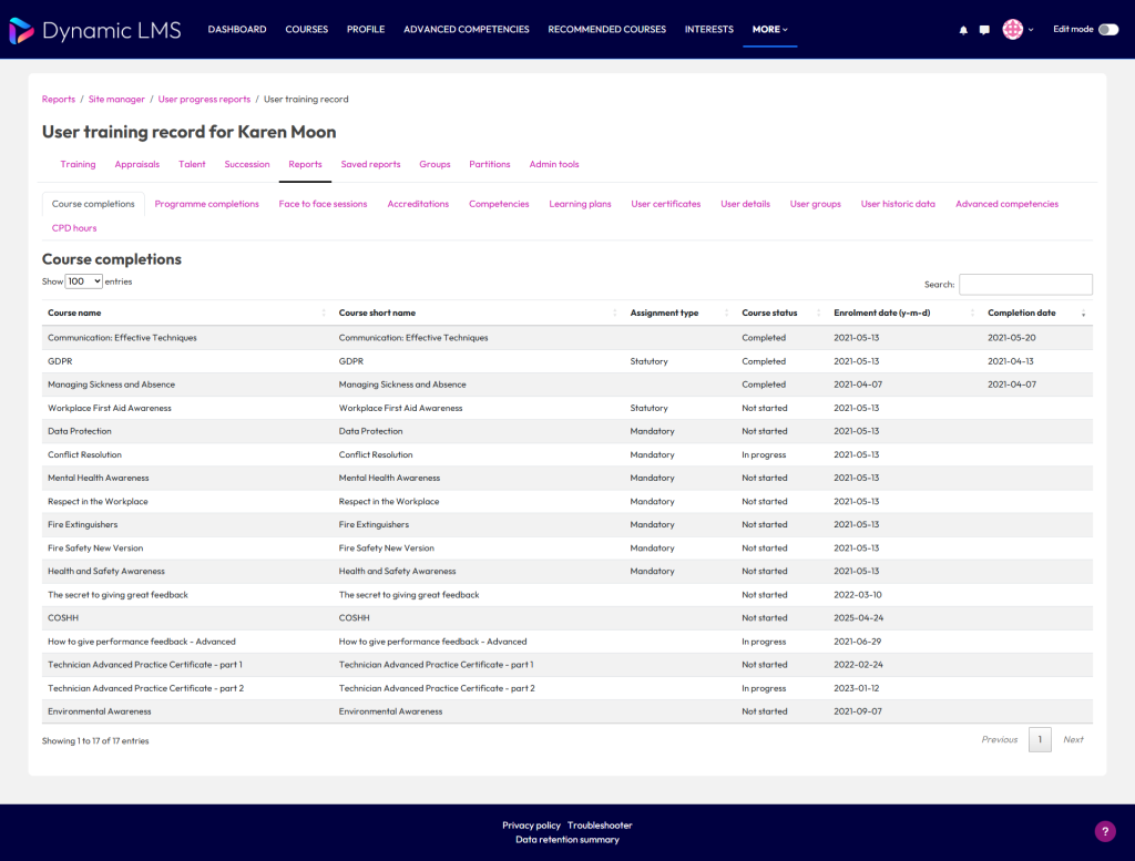 User progress reports – Dynamic LMS userguide