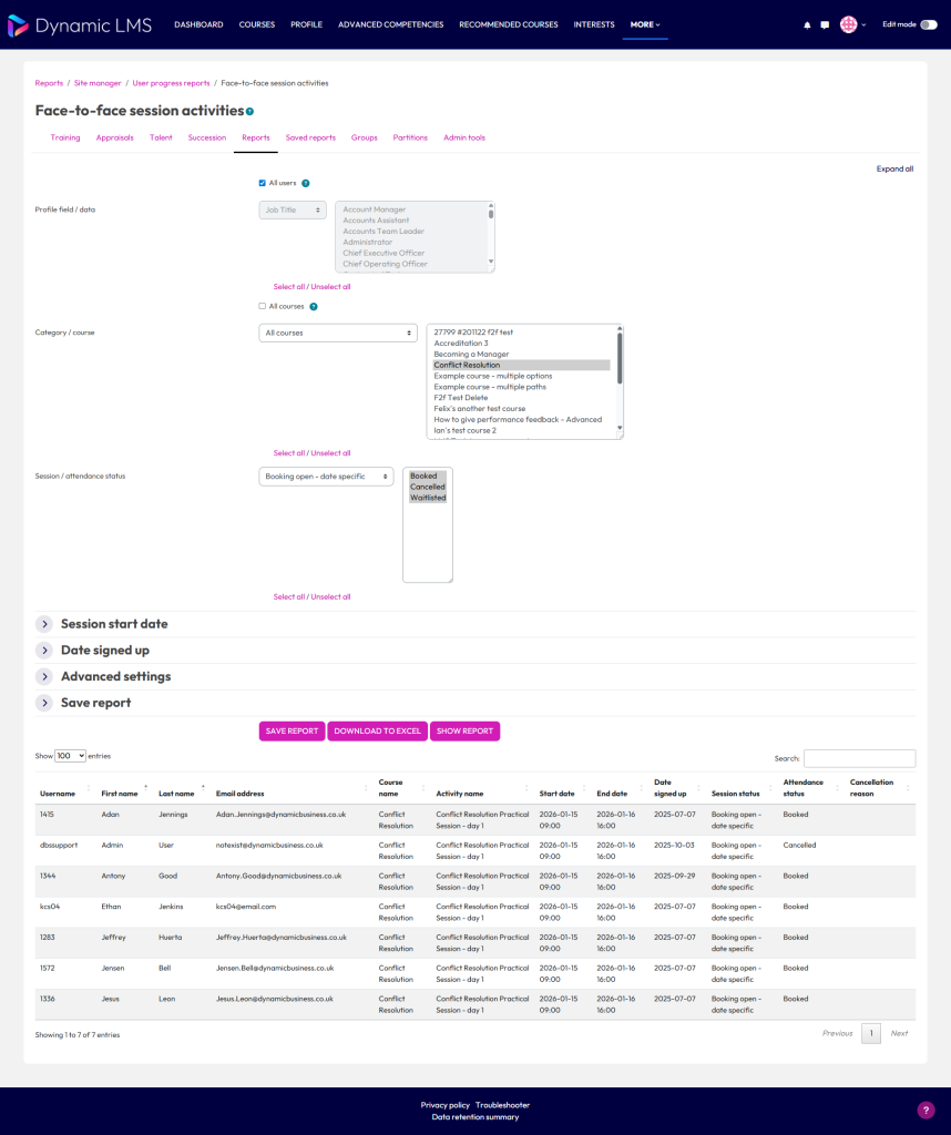 User progress reports – Dynamic LMS userguide