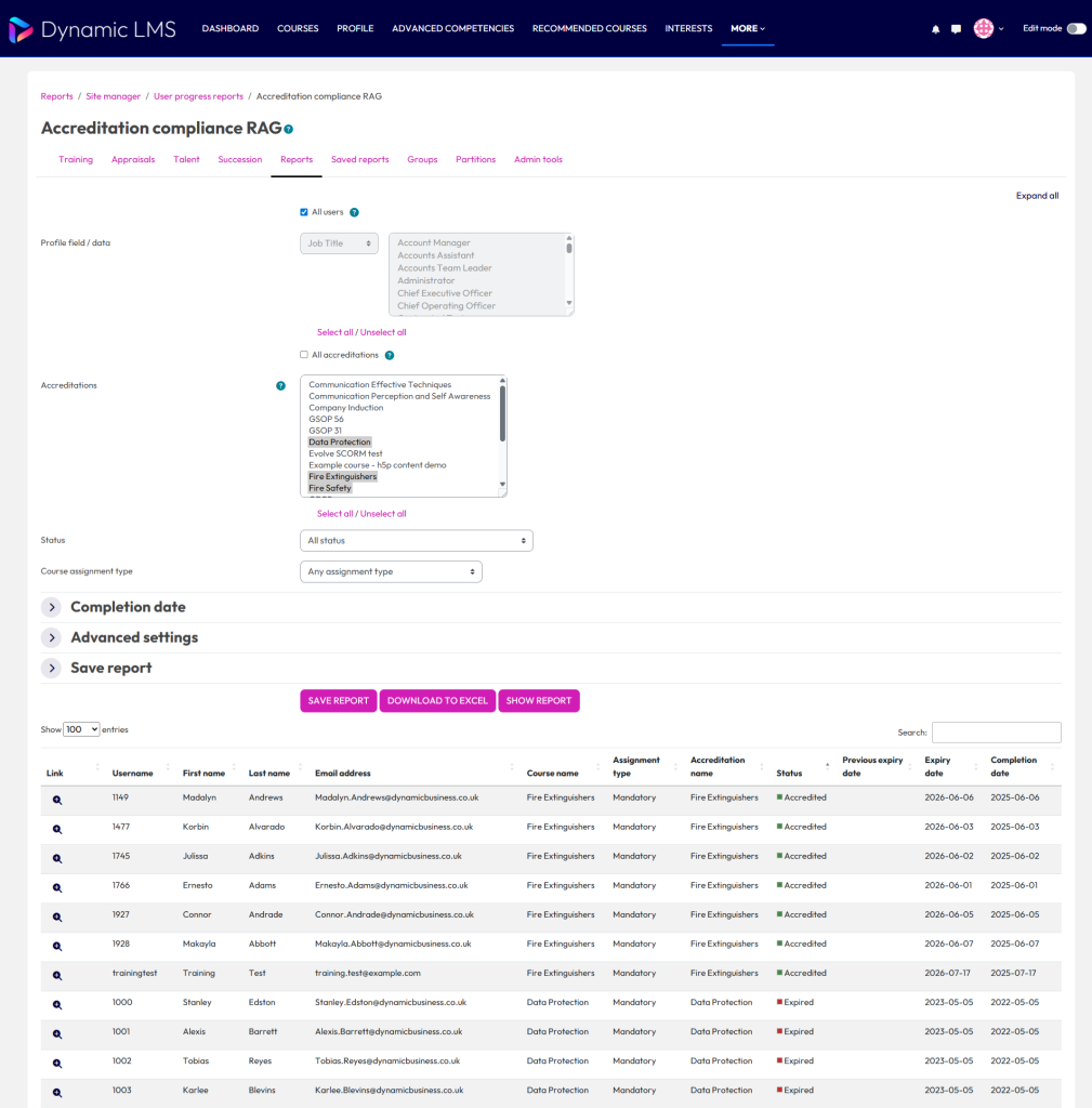 User progress reports – Dynamic LMS userguide