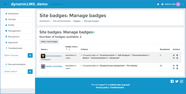 Site level badges – Dynamic LMS userguide