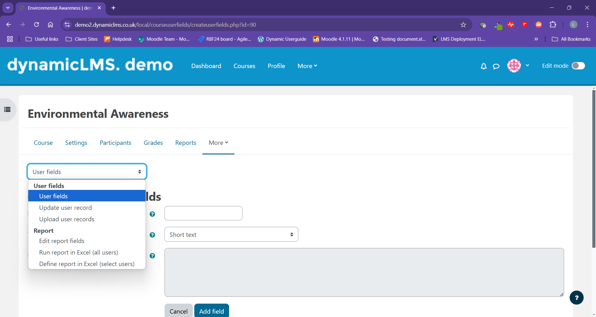Course user fields and custom course report – Dynamic LMS userguide