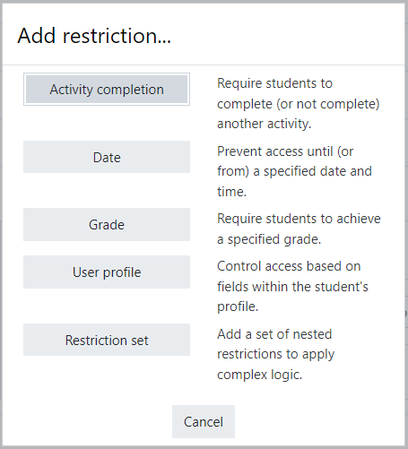 Activity restrictions – Dynamic LMS userguide
